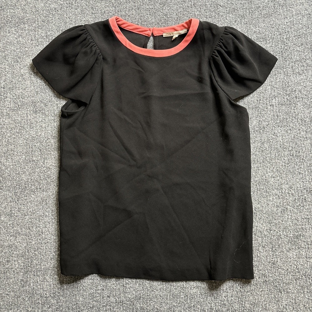 Maje Puff Sleeve Blouse Women's Size 1 Black Pink Pullover‎ Office Work Capsule